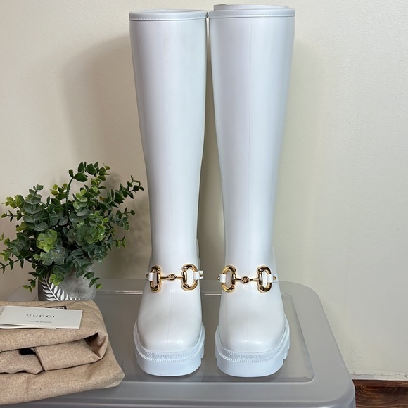 New Gucci Trip Horsebit-detailed Rubber Rain Boots White Size 35 - Picture 3 of 10